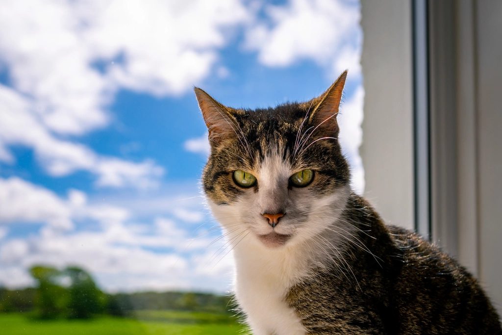 Getigerte Katze sitzt am Fenster vor blauem Sommerhimmel